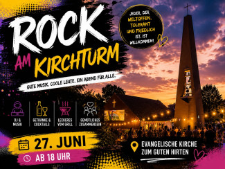 Plakat für Rock am Kirchturm mit einem Kirchturm bei Abendstimmung